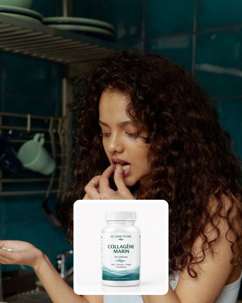 Femme prenant sa capsule de collagène marin dans sa cuisine