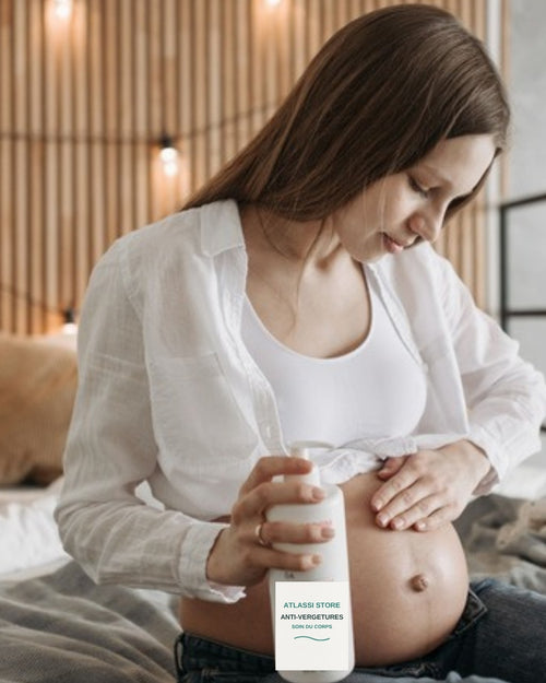 Future maman appliquant le sérum anti-vergetures Atlassi Store sur son ventre