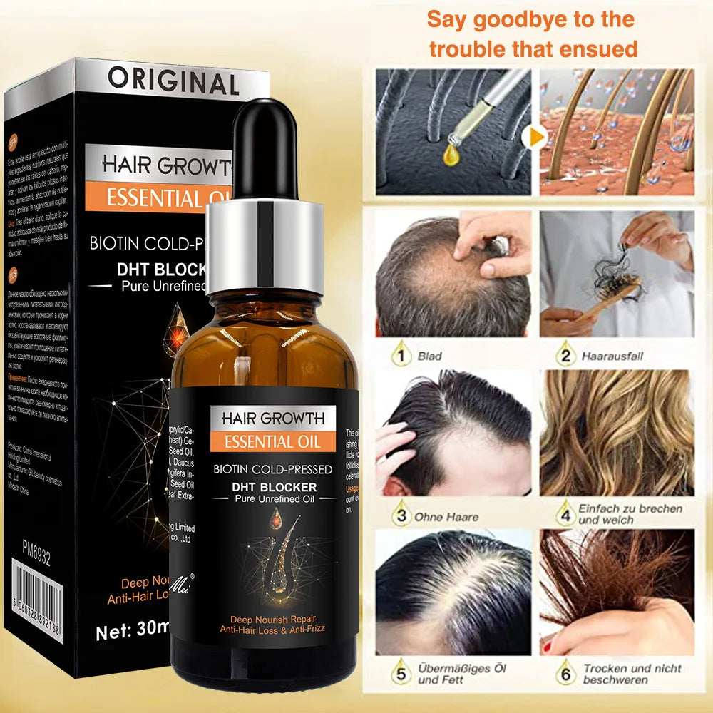 Flacon et boîte Hair Growth Essential Oil – Biotine cold-pressed